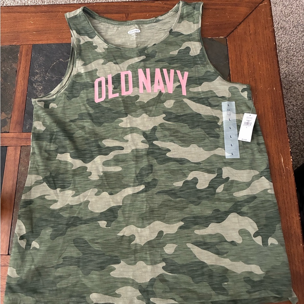 Old Navy Green Camouflage Tank with Pink Logo